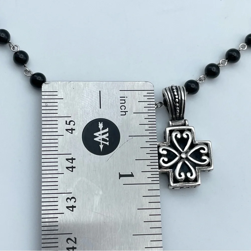 Victorian Gothic Revival 925 Silver Cross Necklace – Black Onyx Beaded Chain